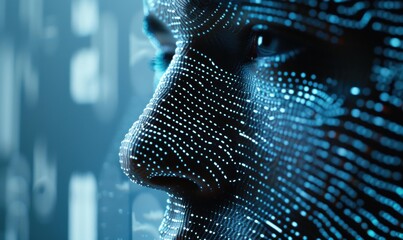 Wall Mural - a close-up of a person's face, digitally rendered with blue dots. ai.