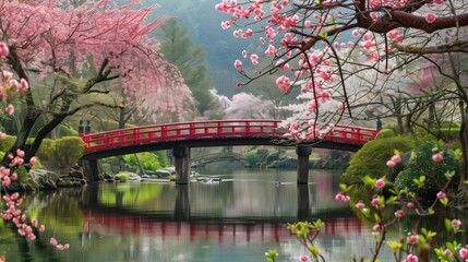 Wall Mural - The scene is serene and peaceful, with the water reflecting the pink flowers