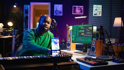 Poster - Piano teacher hosting online lesson for all beginners people on social media, sharing insights and techniques in playing electronic keyboard notes. Educational tutorial with synthesizer. Camera B.