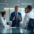 © brian - Hospital manager consulting with doctors. Pharmaceutical sales representative talking with female doctor in medical building.