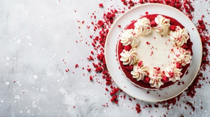 Wall Mural - Decorating a red velvet cake with cream cheese frosting on a white plate against a gray backdrop