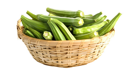 fresh okra vegetable isolated in bamboo basket on white background
