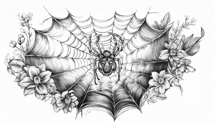 black and white art tattoo style with spider and flowers 