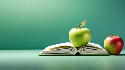 Wall Mural - Background minimalist, Green apple resting on two books on wooden table. Ideal for educational, healthy eating, food blogging, or schoolrelated designs.