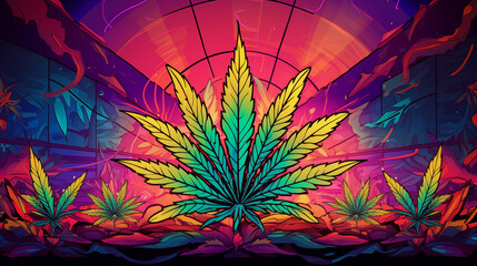 Poster - Vibrant Cannabis Leaf with Neon Glow in Futuristic Garden Setting with Bold Colors and Light Rays Creating a Dynamic Visual Experience