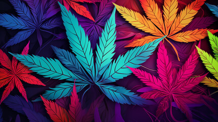 Wall Mural - Vibrant Multicolored Cannabis Leaves Abstract Illustration With Neon Hues On Dark Background