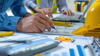 Wall Mural - generate a photo realistic image of a construction project team discussing financial planning, with 