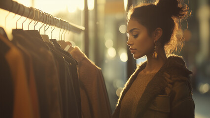 modern fashion boutique softly lit by natural lighting there is a Latina woman with hair up in a stylish outfit arranges clothing on racks