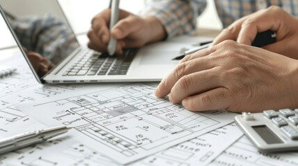 Wall Mural - Generate a photo realistic image of a construction project team strategizing financial review methods, with detailed budgeting charts and review strategies; ensure the image is of high resolution
