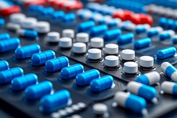 Sticker - Conveyor belt with organized rows of blue and white capsules in a high tech pharmaceutical facility symbolizing precision and automation captured in a bright detailed setting