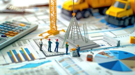Wall Mural - Generate a photo realistic image of a construction project team implementing financial strategies, with detailed budgeting charts and implementation plans; ensure the image is of high resolution 