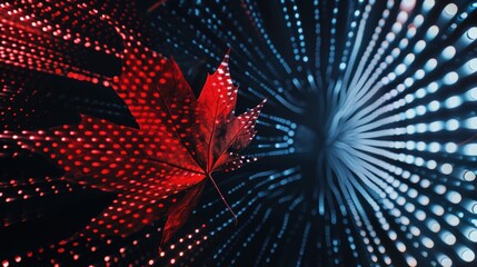 Red maple leaf reflecting futuristic red and blue lights creating a modern technological concept