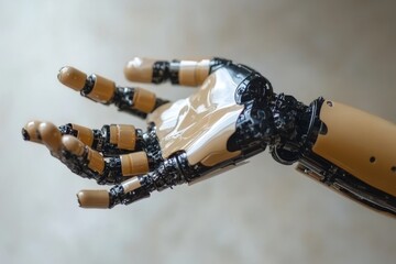 Sticker - Robotic hand with exposed mechanical components symbolizing precision and control in advanced robotics captured in a bright detailed setting