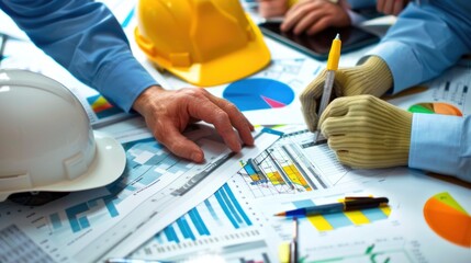 Wall Mural - generate a photo realistic image of a construction project team conducting a review of financial tra