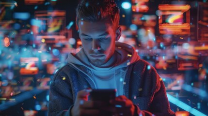 man using cell phone and applications and connectors come out. innovation concept