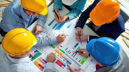Wall Mural - Generate a photo realistic image of a construction project team discussing financial review results, with detailed budgeting charts and review documents; ensure the image is of high resolution 