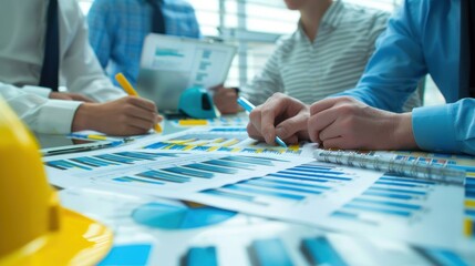 Wall Mural - Generate a photo realistic image of a construction project team evaluating financial performance, with detailed budgeting charts and performance reports; ensure the image is of high resolution
