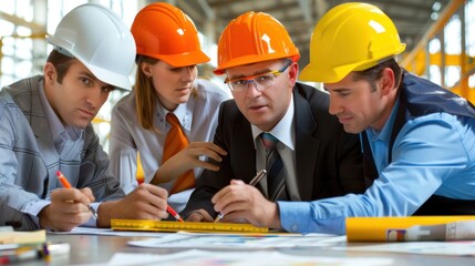 Wall Mural - Generate a photo realistic image of a construction project team reviewing expense forecasts, with detailed financial charts and forecasting reports; ensure the image is of high resolution