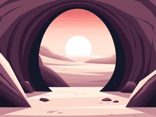 A cave entrance with minimal detail, clean and basic, 2D vector illustration, simple gradients, plain background