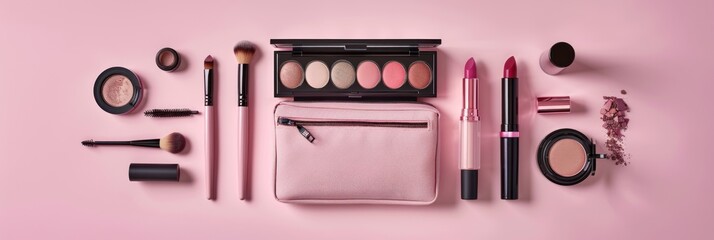 Makeup Essentials Flatlay on Pink Background