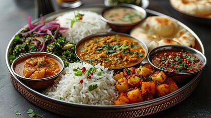 Canvas Print - Indian Cuisine: A Thali Platter with Rice, Curry, Naan, and Vegetables