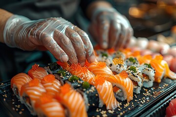 Wall Mural - Sushi Preparation: Close-up of a Chef's Hands Arranging a Platter of Freshly Made Sushi Rolls