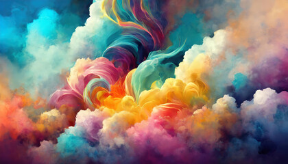 Colorful dense smoke clouds flow abstract painting art wallpaper or background. Multicolor, fuchsia pink, orange, purple, blue, yellow, turquoise green gases expansion and condensation on sky space. 