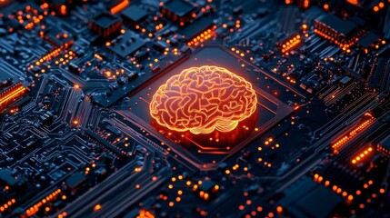 Wall Mural - A printed circuit board with a glowing brain icon, symbolizing artificial intelligence and advanced technology.