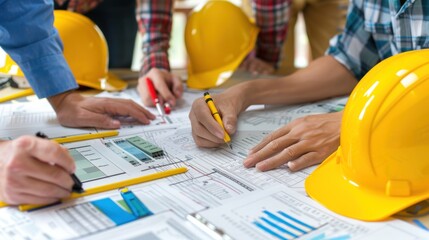 Wall Mural - Generate a photo realistic image of a construction project team strategizing budget planning techniques, with detailed financial charts and planning strategies; ensure the image is of high resolution 