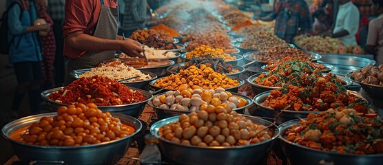 Poster - A vibrant Indian festival with people enjoying various traditional foods