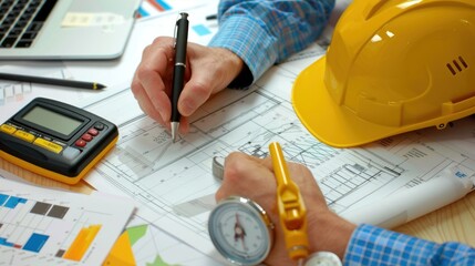 Generate a photo realistic image of a construction project team strategizing cost estimation techniques, with detailed financial charts and estimation tools; ensure the image is of high resolution 