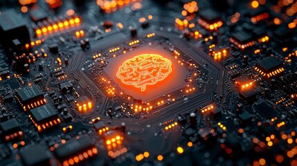 Wall Mural - A printed circuit board with a glowing brain icon, symbolizing artificial intelligence and advanced technology.