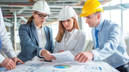 Wall Mural - Generate a photo realistic image of a construction project team evaluating budgeting strategies, with detailed financial charts and evaluation tools; ensure the image is of high resolution for clear 