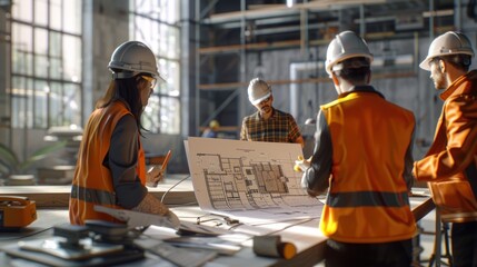 Wall Mural - generate a photo realistic image of a construction project team participating in a workshop on cost 