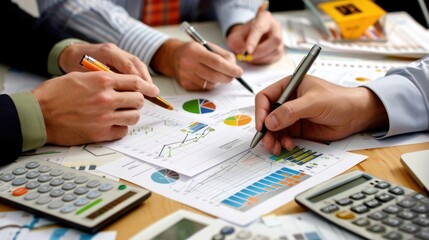 Wall Mural - Generate a photo realistic image of a construction project team participating in a workshop on cost control measures, with detailed financial charts and control strategies