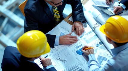 Wall Mural - Generate a photo realistic image of a construction project team conducting a review of financial strategies, with detailed budgeting charts and strategy documents