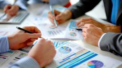 Wall Mural - Generate a photo realistic image of a construction project team participating in a workshop to review financial aspects, with detailed budgeting charts and review documents