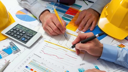 Wall Mural - Generate a photo realistic image of a construction project team participating in a workshop to review financial aspects, with detailed budgeting charts and review documents; 