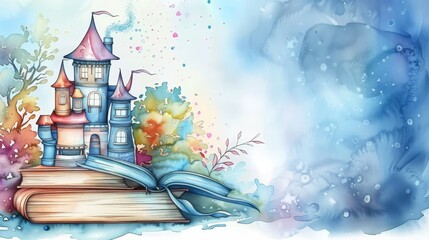 Watercolor Fantasy Castle Emerging from Books, blue, fairytale, magical, story , castle , watercolor