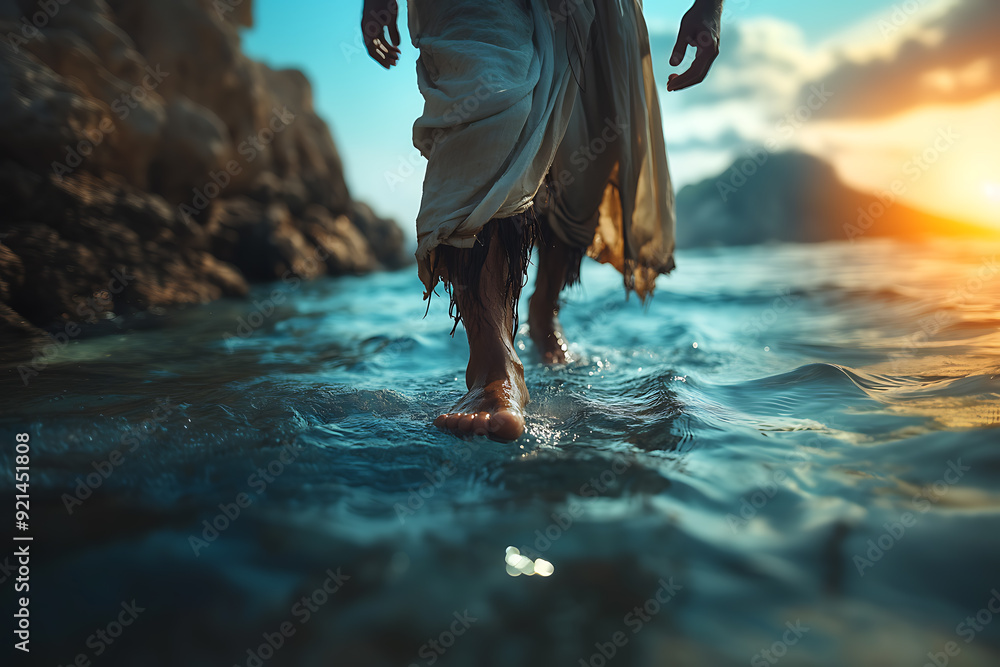 Jesus Walking On Water Wearing White Robes With Long Hair And A Beard jesus-walking-on-water-wearing-white-robes-with-long-hair-and-a-beard