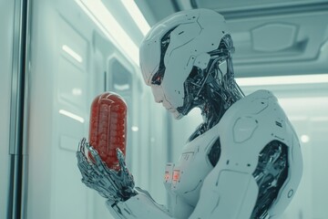 Poster - Robots engaged in digital tasks utilizing red and white pills to symbolize medical technology