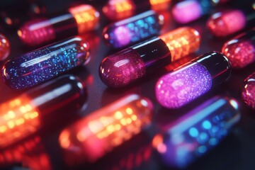 Sticker - Close up of vibrant pharmaceutical capsules on a reflective surface highlighting medical innovation