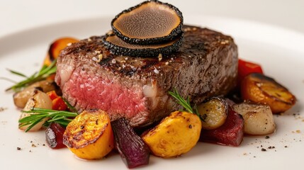 A juicy steak topped with truffle mushroom slices, served with roasted vegetables on a white background.