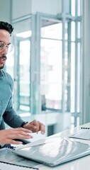 Frustrated, businessman and breaking laptop on desk for network, glitch or troubleshooting error. Angry, developer and employee smashing tech in office with cybersecurity, fail or programming problem