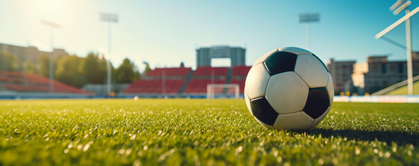 closed up Soccer Ball football on the green field