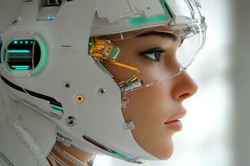 Sticker - Sophisticated humanoid robot with futuristic combat helmet reflects on human emotion blending AI with human traits