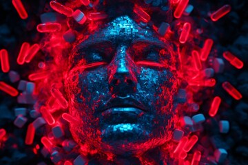 Sticker - Humanoid face covered in vibrant blue and red pharmaceuticals exploring the nexus of human likeness and medication