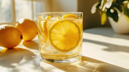 Honey lemon juice in a clear glass, with fresh lemon slices floating, set on a pristine white