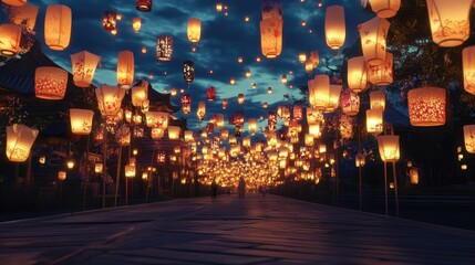 Rows of illuminated lanterns lining a festival street at dusk.