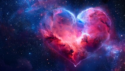 Wall Mural - A luminous heart-shaped nebula with vibrant reds and pinks, set against a cosmic background